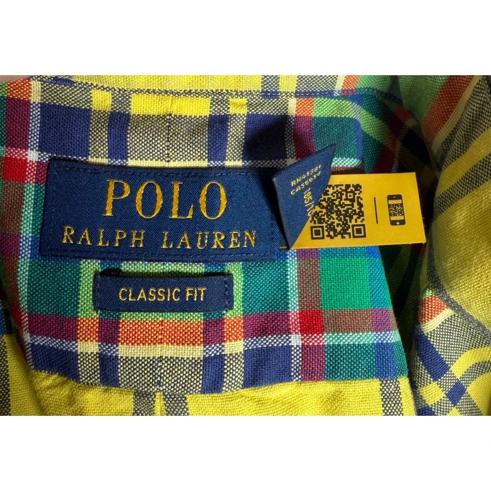 Polo Ralph Lauren Mens Classic Fit Button Down Shirt Yellow Green Plaid Size XL